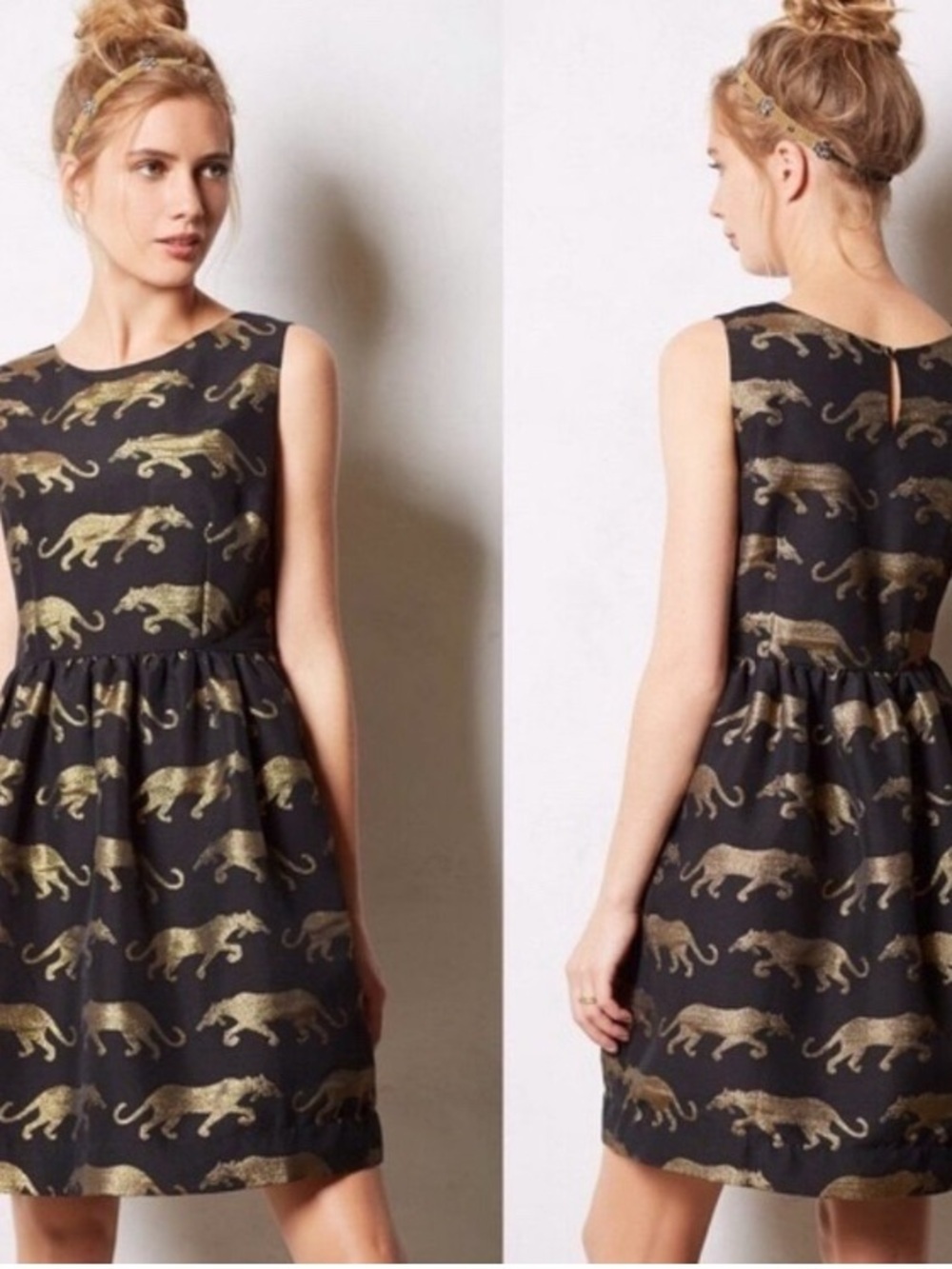Anthropologie EYE DOLL Black & Gold Tiger Print Fit-and-Flare Dress